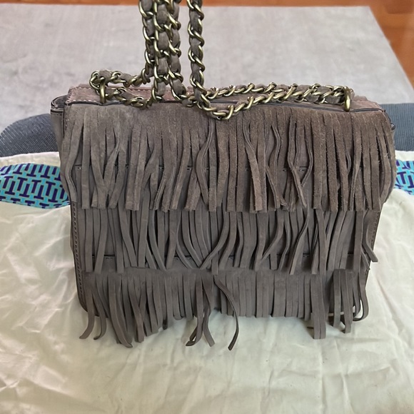 Tory Burch Taupe Suede Fringe Bag Brushed Gold Hardware - Picture 6 of 10
